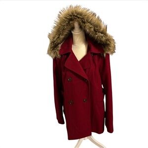 Nautica Wool Blend XL Peacoat Double Breasted Removable Faux Fur Hood Red Y2K